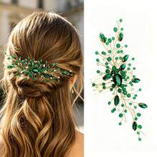 Green Bridal Updo Hair Accessory Handmade Vintage Wedding Hair Comb Rhinestone Hair Pin - Green - View 1