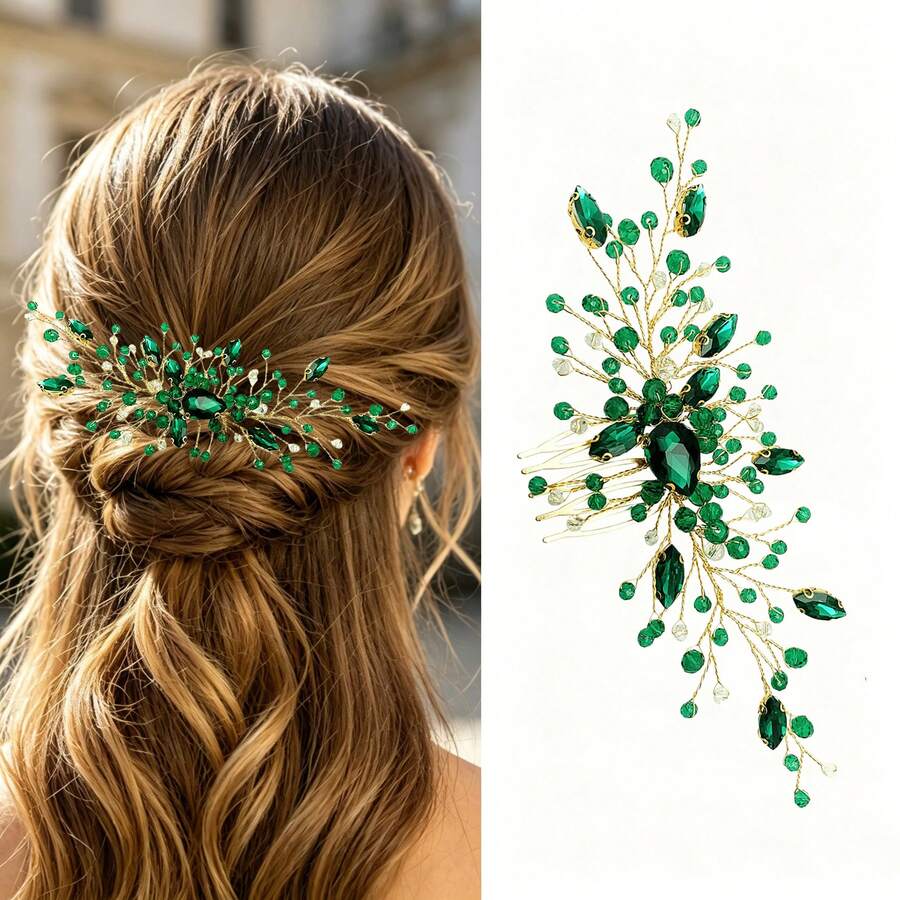 Green Bridal Updo Hair Accessory Handmade Vintage Wedding Hair Comb Rhinestone Hair Pin - Green - View 1