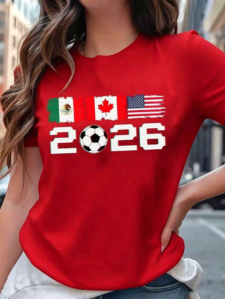 Soft 's T-Shirt Mexico Canada USA 2026 With Flags And Ball, Aesthetic Venues Short Sleeve Shirt, Modern Fan Top United 2026 - 紅色 - 查看 1