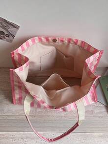 Large Capacity Transparent Jelly Bag With Material Handle, Letter Pattern Decoration, Waterproof Korean Style Unisex Bag, Women's Casual Handbag, Black Minimalist Shoulder Bag, Japanese Casual Style, Suitable For Students, Fitness, Yoga And Travel, Mom Bag, Minimalist Star Design, Crepe Paper Material, Composite Paper - Pink - View 5