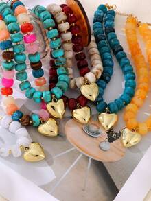 1pc Bohemian Vintage Y2K Creative Fashion Elegant Exquisite Gorgeous Minimalist Luxury Dopamine Color High Quality Resin Beaded Heart Pendant Necklace For Women Sisters Couples Prom/Graduation Jewelry Gift, Suitable For Valentine's Day Daily Date Party Holiday Gift Summer Beach Vacation Wear, Colorful Jewelry (Bead Color Random) - Multicolor - View 2
