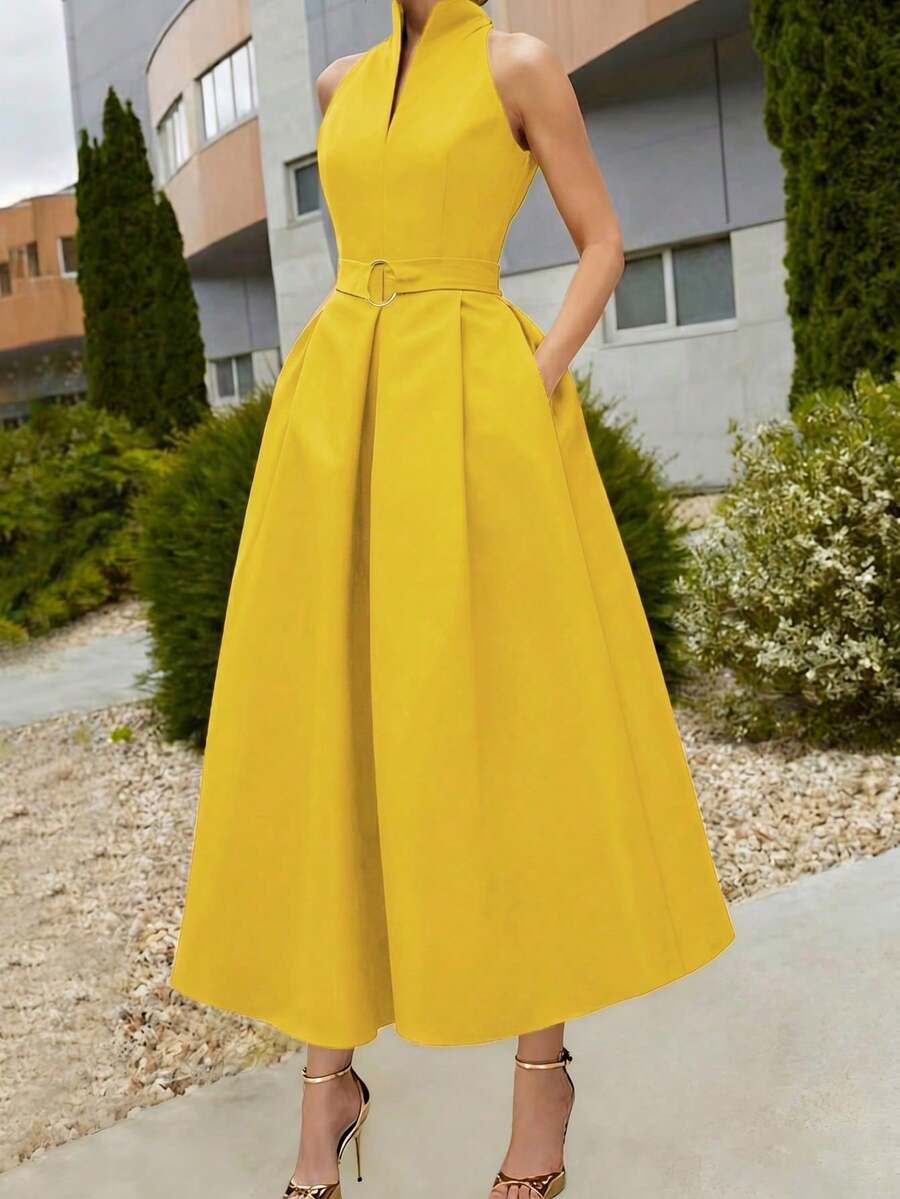 Elegant Women's Dress With A Tie Waist And A-Line Silhouette, New Spring/Summer And Fall/Summer Styles, Sleeveless With A V-Neck, Suitable For The Office Or Everyday Wear In Black. - 黃色 - 查看 1