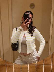 女款春夏新款極簡優雅度假風浪漫性感條紋開襟衫 - 白色拼黃 - 查看 8
