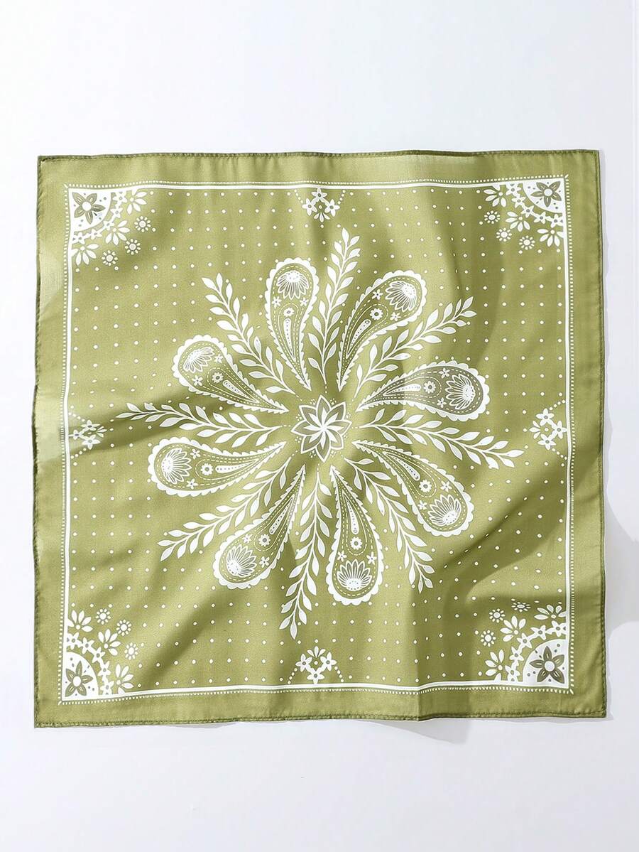 1 pièce Écharpe à pois et motif de fleur de noix de cajou pour femmes - Accessoire polyvalent pour dames, fabriqué en polyester, convient pour l'assortiment de mode quotidien - Vert - Voir 1