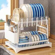 1pc Space-Saving 2-Tier Dish Rack With Multifunctional Storage - Over Sink Design, Detachable Cup And Cutlery Holders,  Drainboard - Kitchen Organizer, Chic White - White - View 12