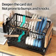 Kusuxva This Double-Layer Metal Kitchen Countertop Dish Rack Is Space-Saving And Durable. It Comes With A Knife And Fork Holder, Cup Holder, Cutting Board Holder, And Rust-Proof Drain Tray. Kitchen Storage Items Help You Keep Your Kitchen Neat And Organized. - Black - View 4
