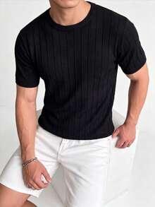 ZYNTH BALENO Herren Sommer Mode Rundhals Vertikal gestreifter Kurzarm Pullover, geeignet für Gym, Sport, Radfahren, Laufen Schwarz - Schwarz - Übersicht 2