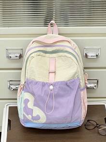 Dopamine Color-Block Water-Resistant Large Capacity Ultra-Light Backpack, Outdoor Casual Drawstring Design Multi-Pocket Functional Backpack, Student Commuter Travel Backpack, Suitable For School, Tutoring, Work, Commuting, Shopping, Travel, Back To School Season - Multicolor - View 12