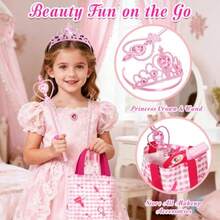 Juego de mesa y silla de cambiador para niños pequeños mesa de maquillaje para niñas con luces de espejo y música juguetes de vestir con secador de pelo corona de princesa y varita bolsa de - Rosa - Ver 4