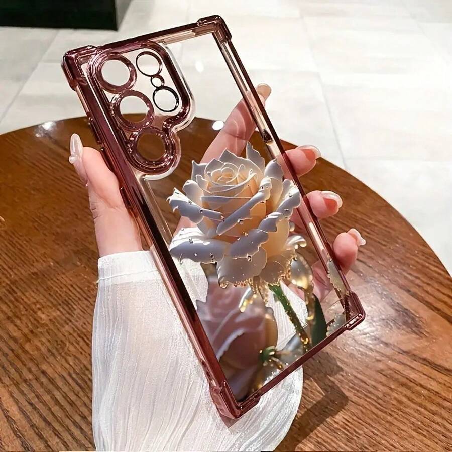 Beautiful Rose Flower Case Suitable For Apple 16 Pro, Transparent 17 Air Phone Protective Cover, 15 Pro Max - Airbag Electroplated Shell - Pink - ZJ3700 - View 1