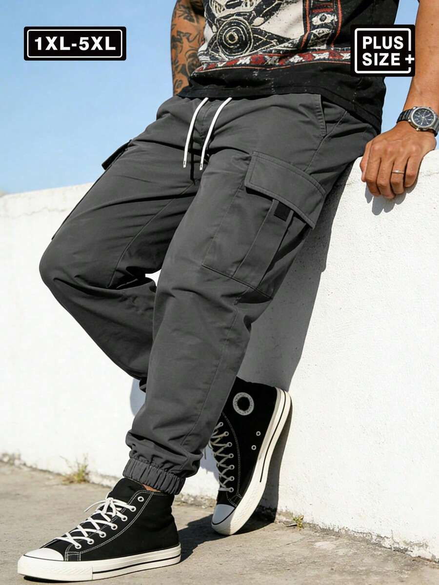 Plus Size Men's Casual Cargo Pants, Drawstring Waist Multi-Pocket Outdoor Sports Pants Fall - Grey - View 1