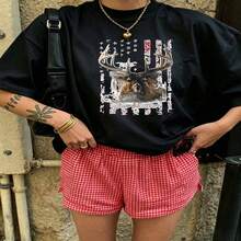 Heartfelt Daily Casual Graphic T-Shirt 100% Cotton Oversized Soft Breathable Casual Crewneck Short Sleeve Top Vintage Aesthetic Red Checkered Shorts Street Style Fashion Lovers Casual Wearers Daily Outfit Enthusiasts Gift Givers - 黑色 - 查看 18