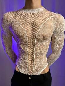 White Mesh One-Piece Durable Jumpsuit, Round Neck Halloween Costume For Men - White - View 6
