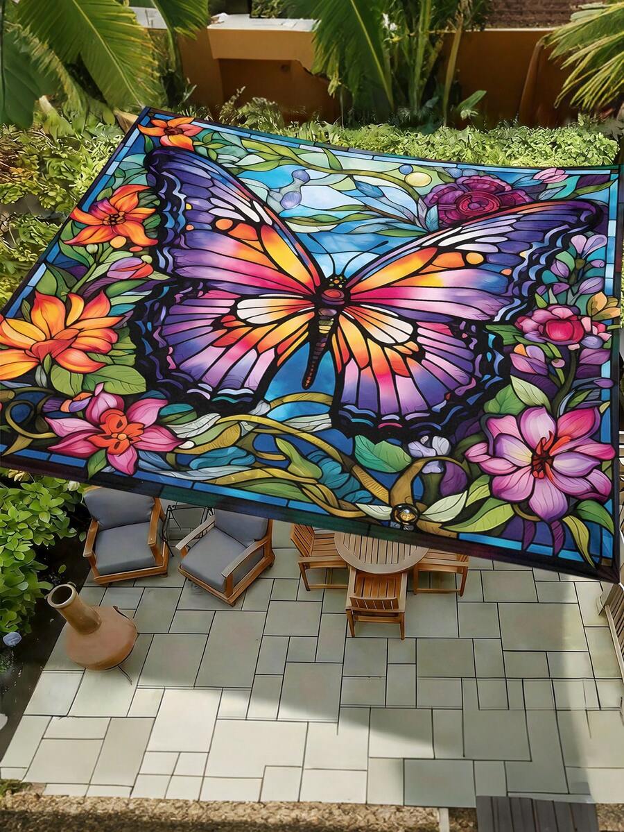 1pc Butterfly And Flower Print Design Sunshade, Outdoor Adventure Sunshade And Canopy, 2D Flat Printed Tent, Washable, Suitable For Garden, Camping, Beach And Other Multiple Scenes, Equipped With 4 Fixing Ropes And 4 Ground Stakes, Support Frame Not Included - Multicolor - View 1