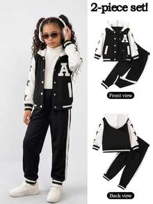 2pcs/Set Girls Casual College Style Star & Letter Print Colorblock Long Sleeve Hooded Jacket And Pants Set, Lightweight Fabric Suitable For Spring & Autumn - Black - View 1