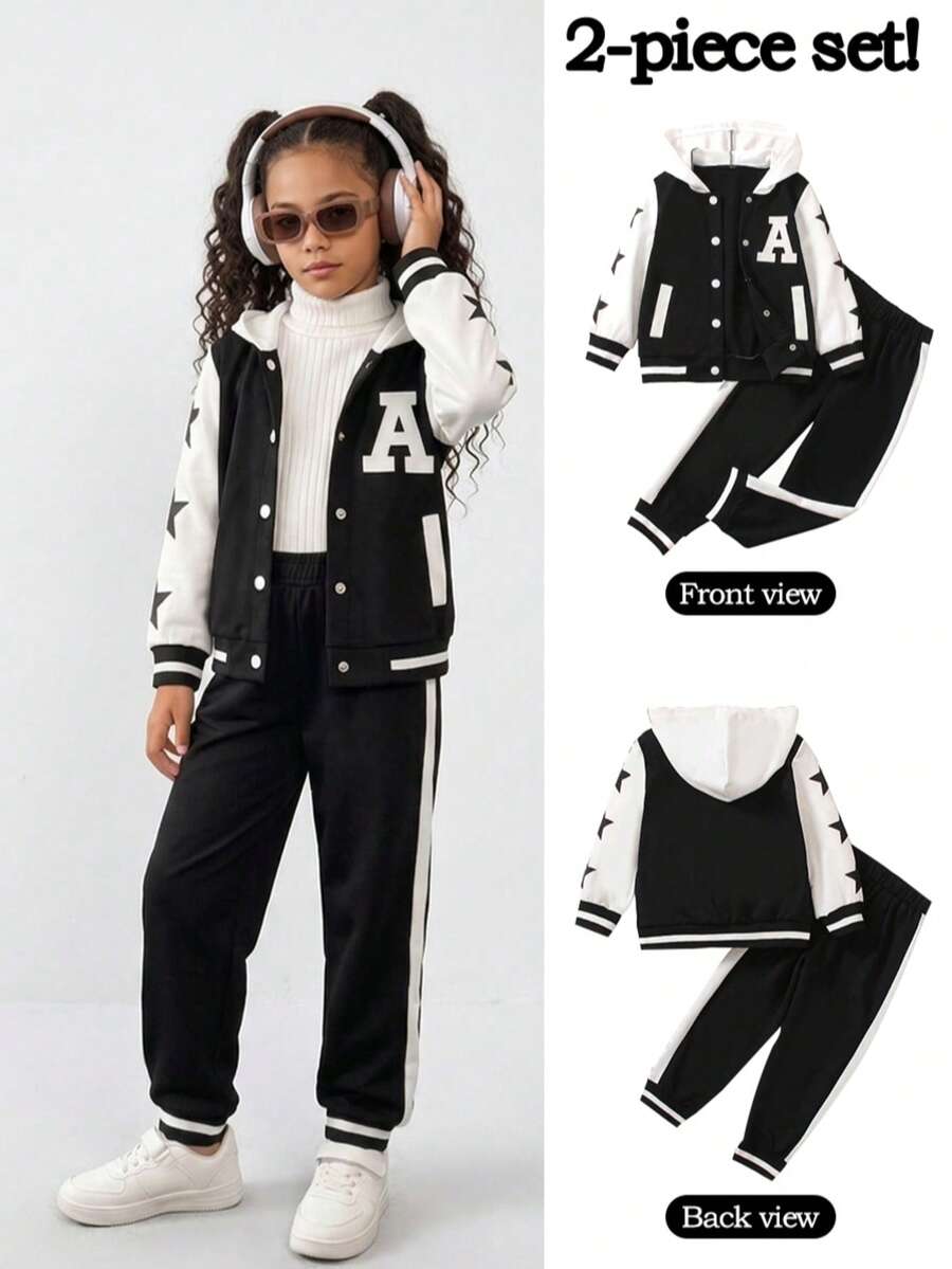2pcs/Set Girls Casual College Style Star & Letter Print Colorblock Long Sleeve Hooded Jacket And Pants Set, Lightweight Fabric Suitable For Spring & Autumn - Black - View 1