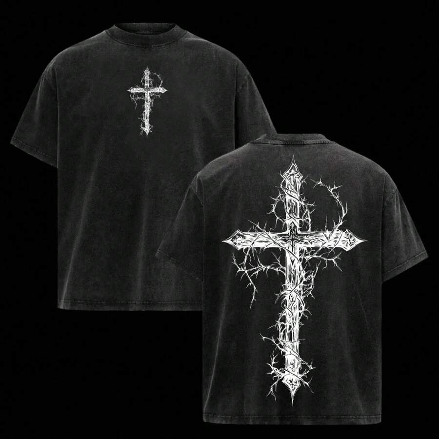 Camiseta con Cruz de Espinas, Estilo Gótico Religioso, Gráfico de Jesús Cristo, Camiseta Negra Oversize Unisex de Estética Oscura, Ropa Urbana, Símbolo Cristiano Minimalista, Regalo de Fe, C - Negro - Ver 1