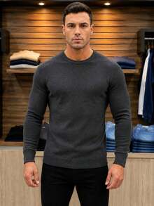Men's Basic Knitting Sweater Round Neck Long Sleeve - Dark Grey - View 2