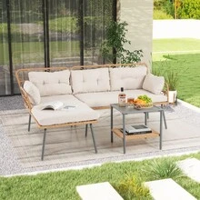 COSTWAY 3-Piece L-Shaped Patio Conversation Set, PE Rattan Outdoor Sofa Set W/Coffee Table, Cushioned Loveseat & Chaise Lounge For Garden, Porch, Poolside - Beige - View 1