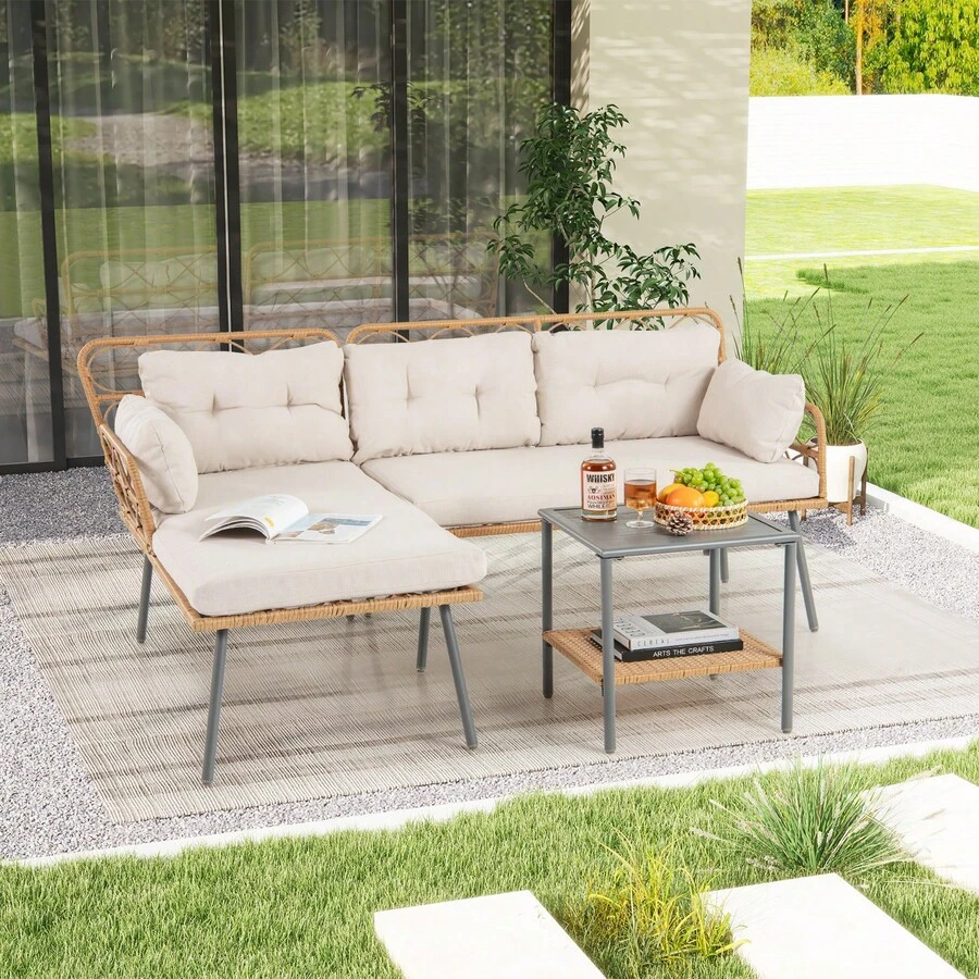 COSTWAY 3-Piece L-Shaped Patio Conversation Set, PE Rattan Outdoor Sofa Set W/Coffee Table, Cushioned Loveseat & Chaise Lounge For Garden, Porch, Poolside - Beige - View 1