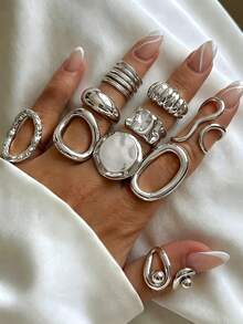 10pcs Minimalist Fashion Elegant Personalized Geometric Pattern Hollow Wide Band Ring Set For Women, Vacation, Party, Date, Casual Daily Wear - Silver - View 2