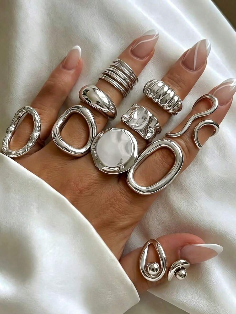 10pcs Minimalist Fashion Elegant Personalized Geometric Pattern Hollow Wide Band Ring Set For Women, Vacation, Party, Date, Casual Daily Wear