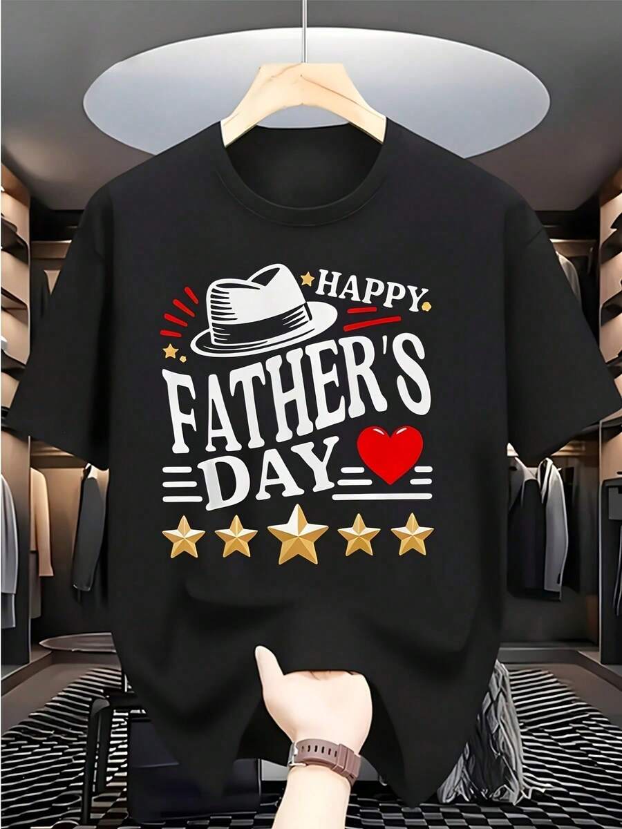 Vintage Graphic T-Shirt For Father's Day, Men's Quick-Drying Sports Digital Print T-Shirt, Round Neck, Lightweight, Casual, , Ideal For Summer, Ideal Gift. - 黑色 - 查看 1