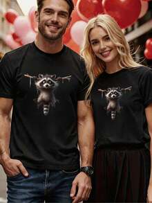 [New Products]Summer Men's Comfortable Breathable Round Neck Short Sleeve Solid Color Versatile Daily Casual T Shirt With Cute Hanging Raccoon Print - 黑色 - 查看 2