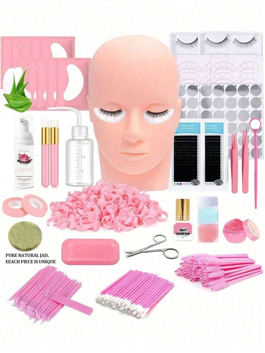 Kit de Extensiones de Pestañas Profesional Suministros de Extensiones de Pestañas Entrenamiento para Principiantes Cabeza de Maniquí Injerto de Pestañas Cepillo de Champú para Pestañas Spray 0.07D Mezcla de Rizo 8-15mm Tiras de Pestañas de Práctica(Rosa) - Rosa - Ver 1