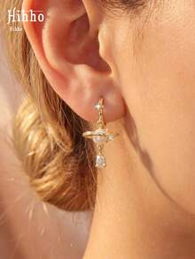 Hihho 1 Pair Luxury Style Romantic Dreamy Four-Pointed Star Zirconia Inlaid Pearl With Teardrop Zirconia Pendant Earrings, Suitable For Women's Daily Commute Wear - Star - View 7
