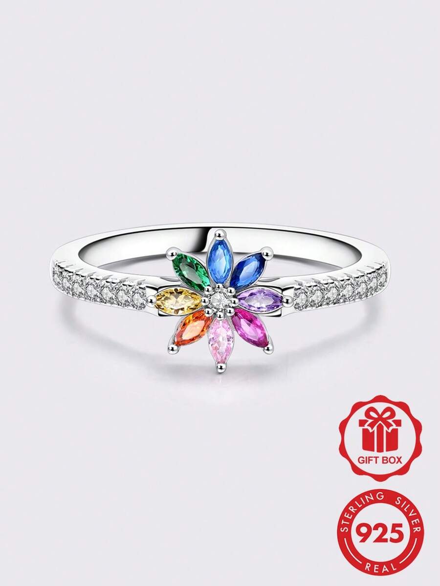 1枚时尚优雅彩色水晶花戒指 - 銀色 - 查看 1
