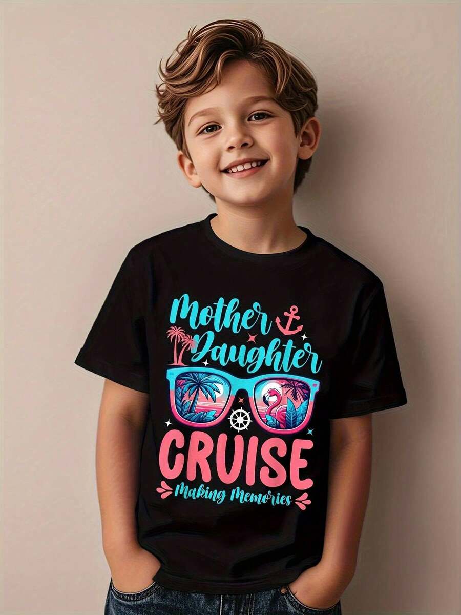 Camiseta de Vacaciones en Crucero para Niñas - Momentos de Recuerdo Madre e Hija, Diseño Gráfico de Crucero Tropical, Camiseta Negra con Palmeras Azules y Rosas, Regalo de Cumpleaños o Viaje - Negro - Ver 1