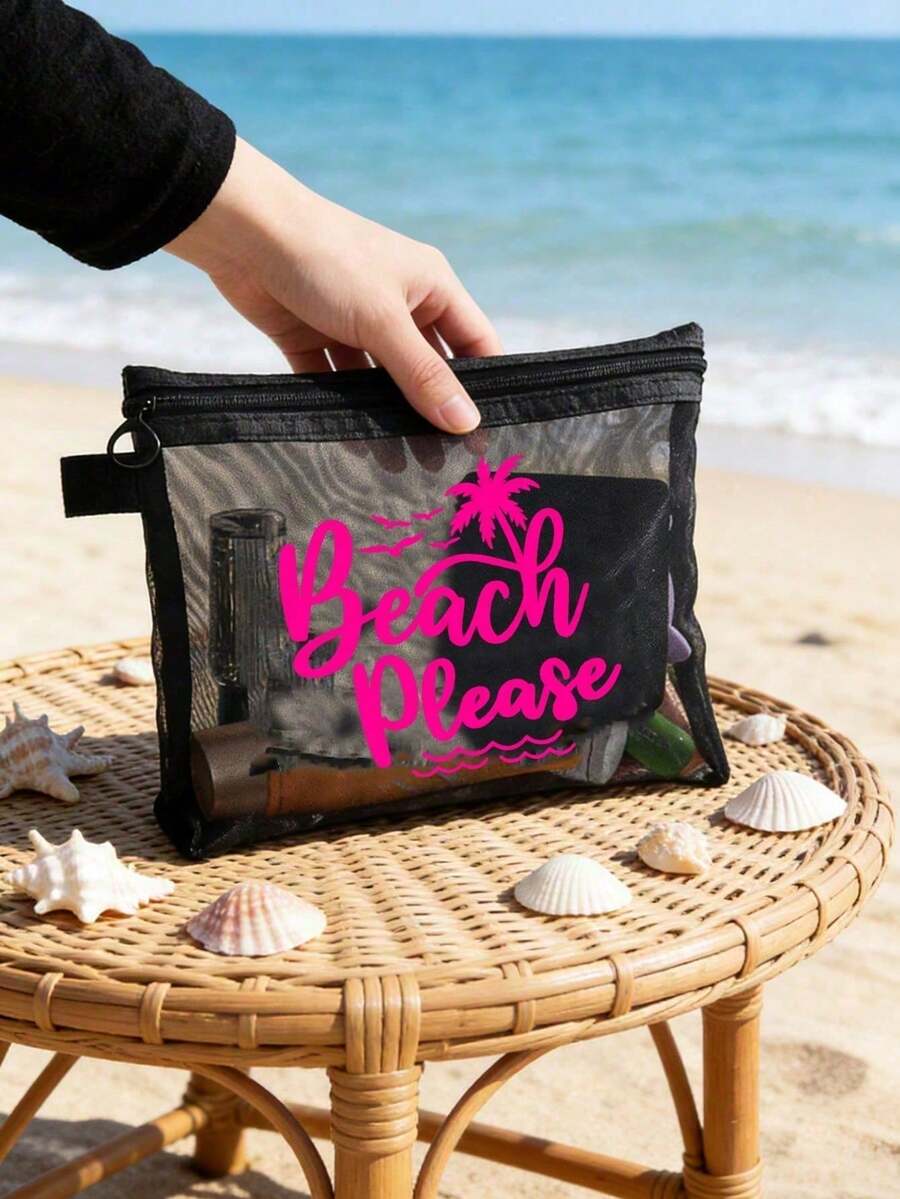 彩色「Beach_please」文字、椰子樹與海鷗圖案海灘主題網袋,便攜大容量透明化妝包,可收納口紅與氣墊粉撲,輕量耐用易攜帶,夏威夷風海岸風情,適合海灘度假、夏季旅行、游泳、購物、健身,女性旅行短途出遊,母親節、情人節、教師節、畢業季、開學季、齋月禮物 - 彩色 - 查看 1