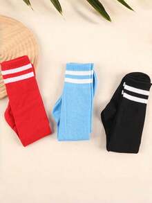 1/3/6 Pairs Two White Stripes Decor Solid Color Anti-Slip Knee High Soccer Socks Football Training Sports Outdoor Spring Summer Autumn - Multicolor - View 4