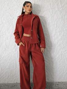 Women's Chic Velvet Winter Set - Naranja Quemada - Ver 2