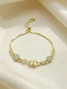1pc Elegant Fashion Clover Faux Cat Eye Stone With Rhinestone Accents Adjustable Drawstring Bracelet, Exquisite Versatile Jewelry Gift For Women's Daily, Party, Travel Wear - Yellow Gold - View 6