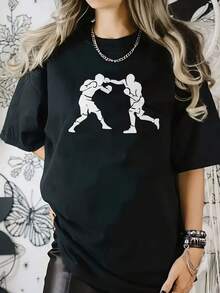 1pc Women's Winter Clothing, Boxing Day, Boxing Fight Print, Casual Clothing For Women's Fans, Round Neck 0320 Perfect For Outdoors, Parties Or Gifts, Colors... - 黑色 - 查看 1
