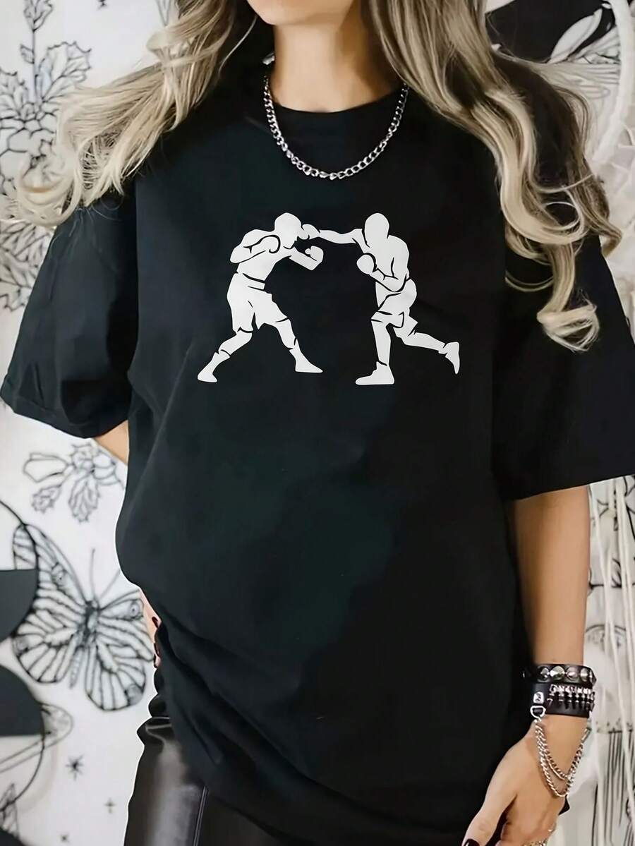 1pc Women's Winter Clothing, Boxing Day, Boxing Fight Print, Casual Clothing For Women's Fans, Round Neck 0320 Perfect For Outdoors, Parties Or Gifts, Colors... - 黑色 - 查看 1