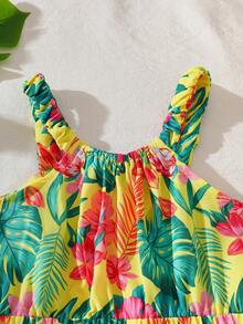 Young Girls' Tropical Print Spaghetti Strap Backless Bow Design Beach Jumpsuit, Spring/Summer - Multicolor - View 4
