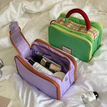 Bolsa de maquillaje de mano con diseño de bloques de color dopamina y patchwork de cuadros, organizador de artículos de tocador de viaje impermeable con compartimentos multicapa de gran capacidad - Morado - Ver 4