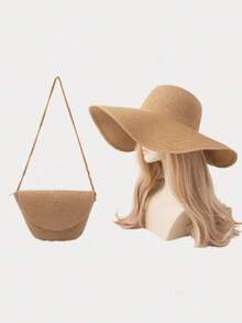 Two Pieces Women's Bohemian Solid Color Straw Hat + Flap Straw Bag, Suitable For Spring Beach, Seaside, Travel, Daily Outings, And Fashionable Wear - A - View 2