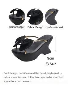 French Style Gold Trim Transparent Sandals, 3D Bow Thick Platform Wedge, Versatile Women's Shoes For Dating, Outings And Daily Wear,Summer Shoes - Black - View 8