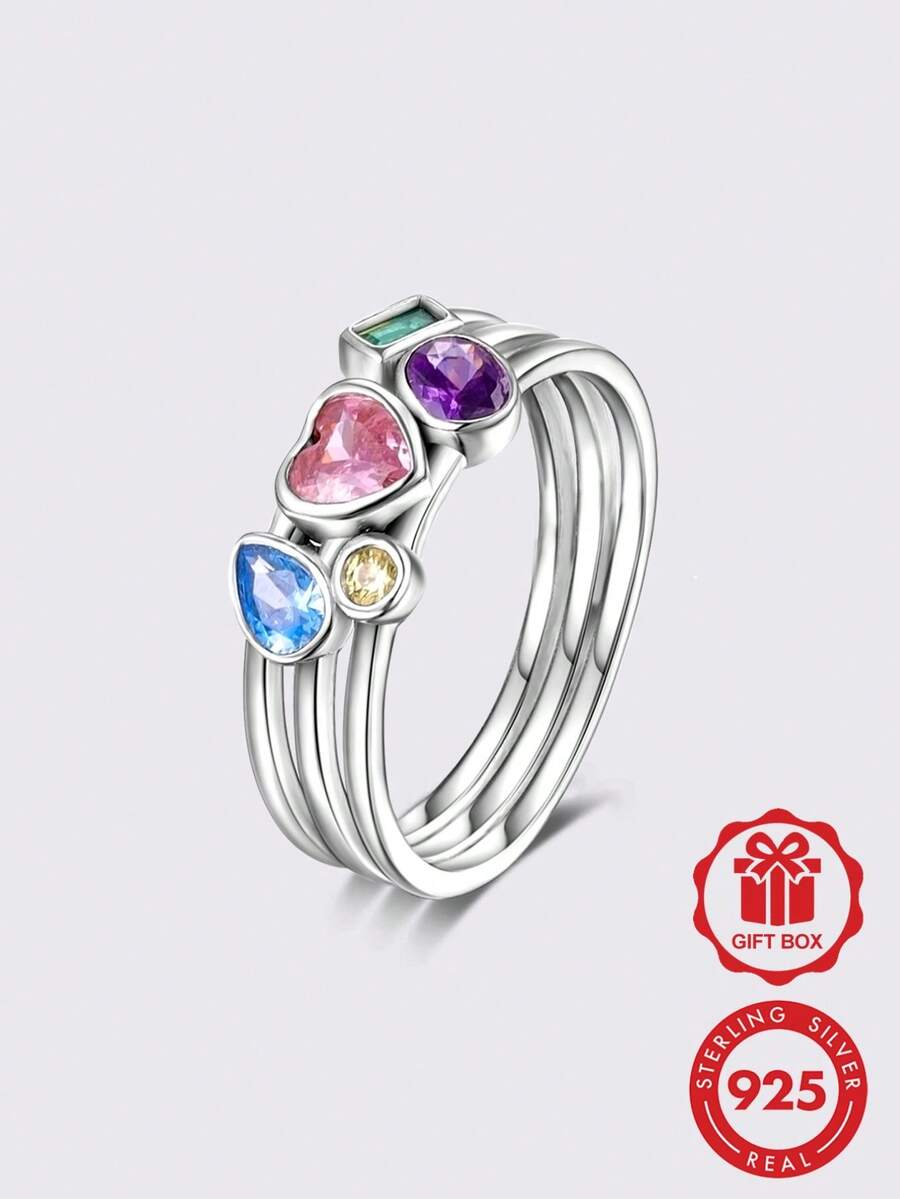 1件原裝925純銀女款戒指，鑲嵌彩色鋯石，含心形、水滴形與方形立方鋯石