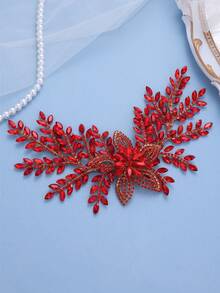 1pc Handmade Red Rhinestone Leaf Headband, Elegant Bridal Hair Accessory For Wedding, Prom, Party - Red - View 1