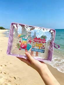 「Drink Beach」印花透明包，可愛拉鍊化妝包，多功能透明收納袋，女款透明盥洗包，5色可選，多色沙灘托特包，可折疊輕便盥洗手拿包，便攜旅行個人護理化妝收納盒，適合沙灘旅行、購物，完美適用於郵輪度假、沙灘日，教師節禮物 - 彩色 - 查看 5