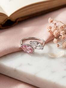 1pc Elegant Cute Silver-Plated Inlaid Pink & White Dual-Color Marquise Cubic Zirconia Open Ring, Suitable For Women's Daily Commute, Party, Banquet, Holiday Gift Jewelry - Silver - View 1