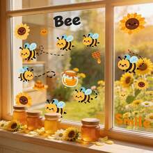 1/3/5pcs Cute Bee Sunflower Static Window Sticker. Honey Jar Honeycomb "Bee Smile" . No Adhesive Vinyl Decal For Living Room, Kids Room Window Glass Door, Party Home Decor. - Multicolor - View 6