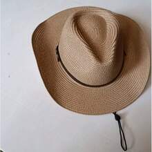 Chapeau de soleil en paille d'été pour hommes, chapeau Panama à large bord, chapeau de plage avec corde anti-vent - chapeau de paille - Voir 3