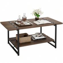 Hodeffior Industrial Coffee Table With 2 Tier Storage Shelf, Rustic Farmhouse Centre Table With Wood Slat Top And Metal Frame, Living Room Coffee Table For Lounge, Flat, Office Or Reception Area - Walnut - View 9