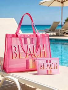 Mesh Strandtasche und kleine Tasche Set, Muster mit Sommer "BEACH" Muster, voller Sommer-Vibes, enthält Einkaufstasche, Strandtasche, hawaiianischer Stil transparente Aufbewahrungstasche, Reise-Kulturtasche, Strand-Tragetasche, lässige Urlaubstasche, Kosmetik-Aufbewahrungstasche, geeignet für Schule, Urlaub, Feiertage und Schulanfang, ideales Geschenk für Freunde und Lehrer, auch geeignet für Geburtstage, Partys, Sommer, Urlaub, Feiertage und Hochzeiten - Schwarz - Übersicht 4